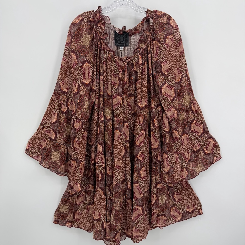 Johnny Was Jade NWT Boho Tiered Long Sleeve Mini Dress Size S
